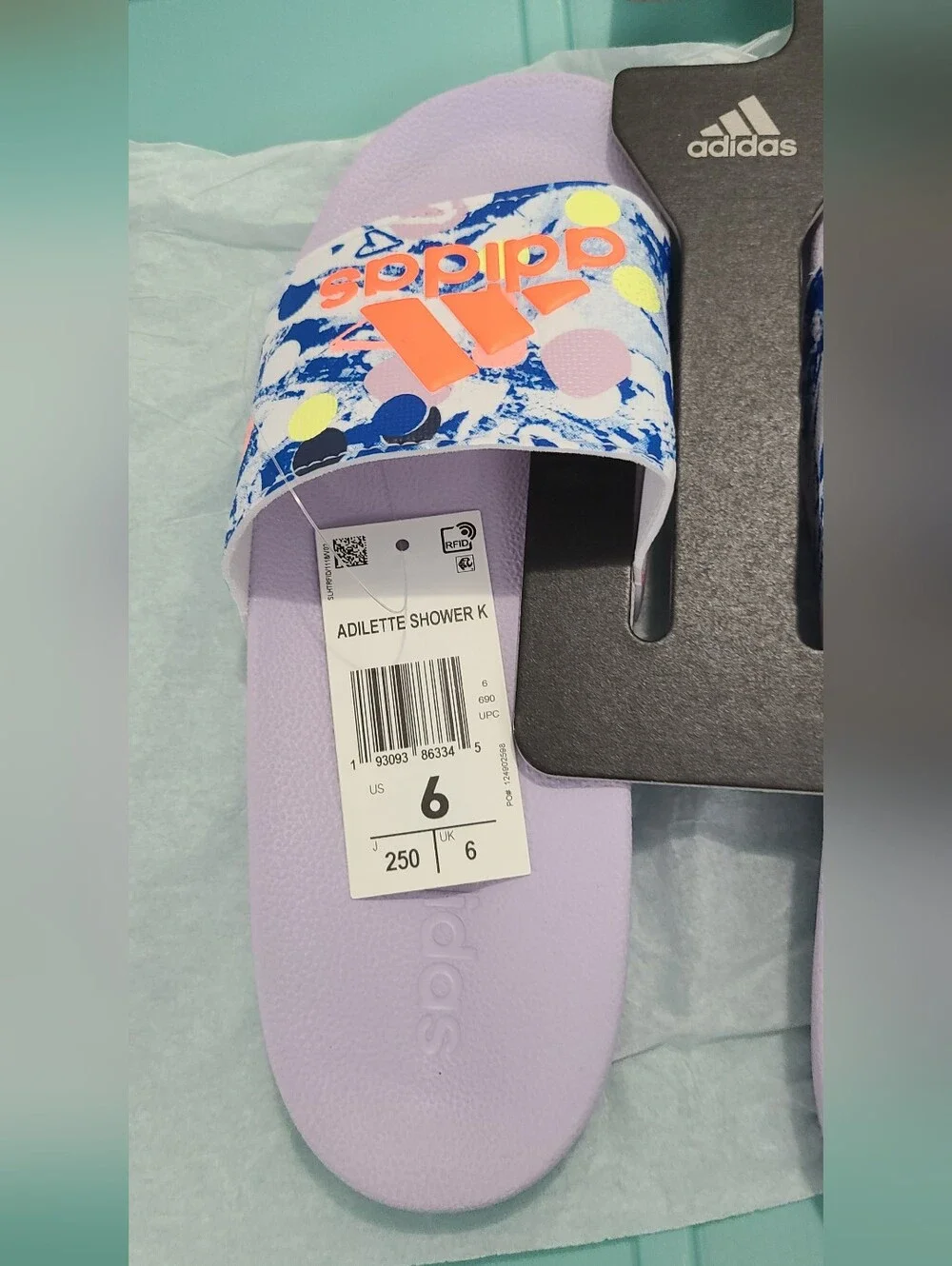 Adidas Big Kids Lilac Slides.. Multicolor Pattern and Neon Orange Logo*Authentic